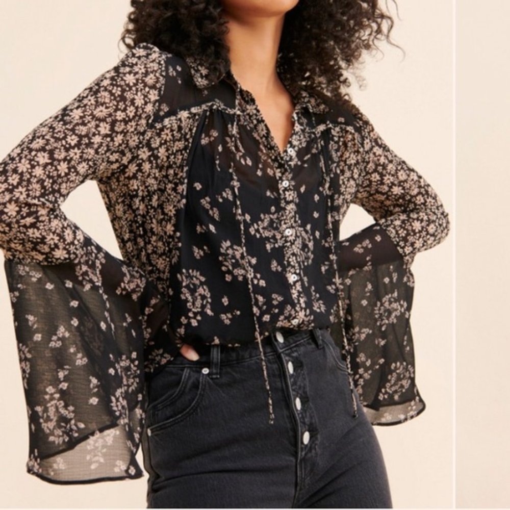 Free People Serena Printed Blouse Black Bell Sleeve Sheer Top